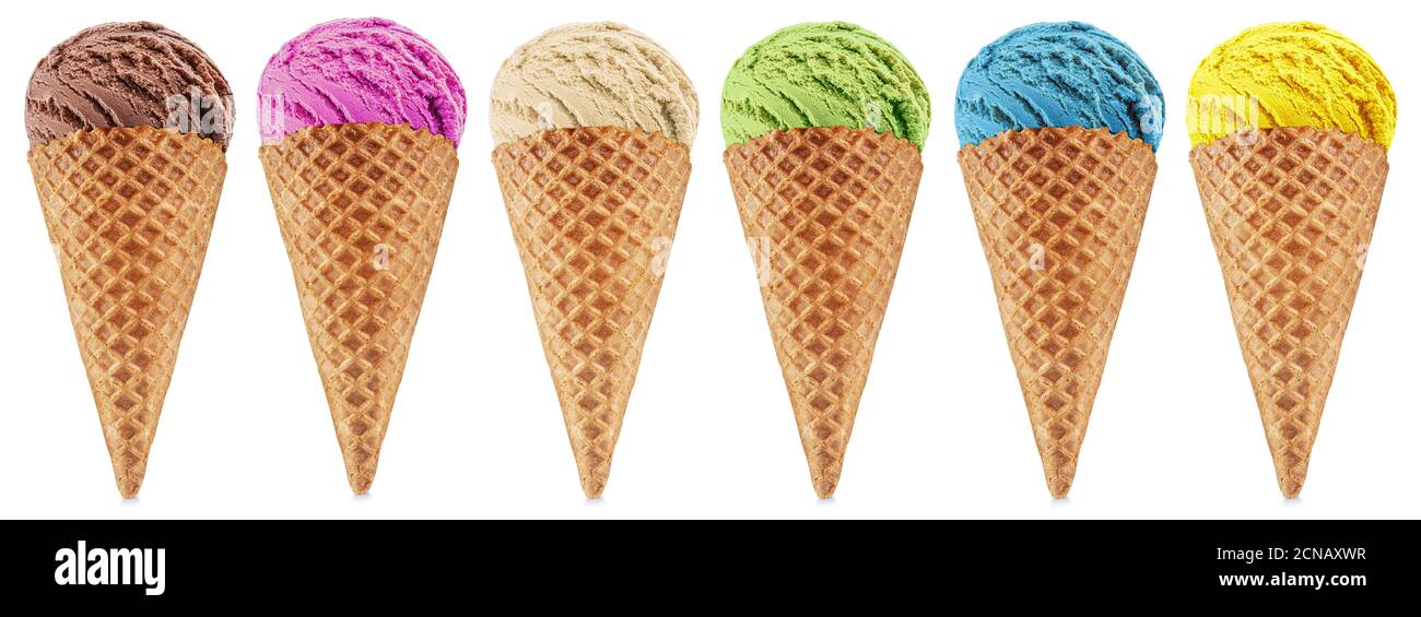 Set of various colorful ice creams in waffle cones on the white background. Lay out view. File contains clipping path for each item. Stock Photo