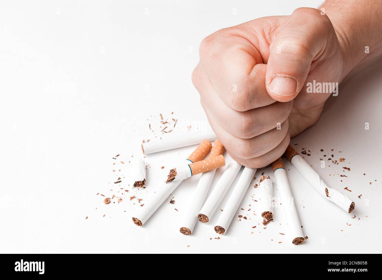 Quit smoking concept: man smashes some cigarettes with his fist Stock Photo
