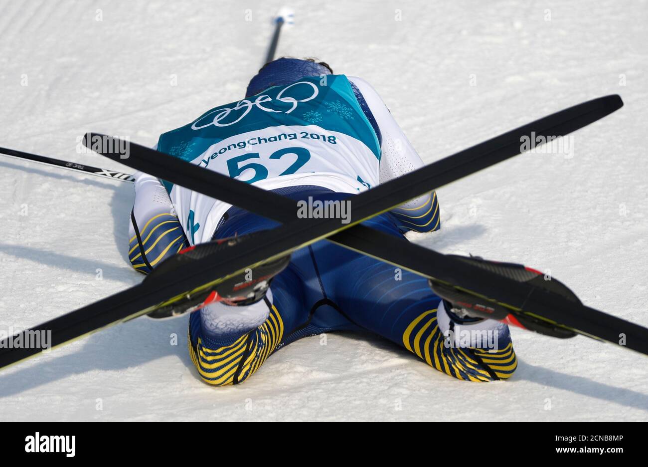 Cross-Country Skiing – Pyeongchang 2018 Winter Olympics – Men's 15km Free – Alpensia Cross-Country Skiing Centre – Pyeongchang, South Korea – February 16, 2018 - Marcus Hellner of Sweden reacts after crossing the finish line. REUTERS/Murad Sezer Stock Photo
