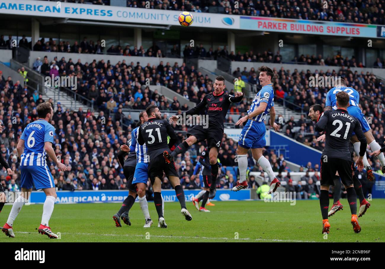 Soccer Football - Premier League - Brighton & Hove Albion vs Arsenal - The American Express Community Stadium, Brighton, Britain - March 4, 2018   Brighton's Lewis Dunk heads at goal   REUTERS/Eddie Keogh    EDITORIAL USE ONLY. No use with unauthorized audio, video, data, fixture lists, club/league logos or 'live' services. Online in-match use limited to 75 images, no video emulation. No use in betting, games or single club/league/player publications.  Please contact your account representative for further details. Stock Photo