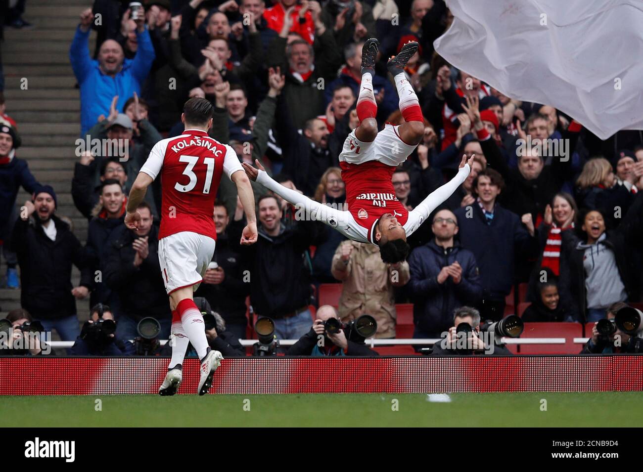 Soccer Football - Premier League - Arsenal vs Watford - Emirates Stadium, London, Britain - March 11, 2018   Arsenal's Pierre-Emerick Aubameyang celebrates scoring their second goal    REUTERS/Eddie Keogh    EDITORIAL USE ONLY. No use with unauthorized audio, video, data, fixture lists, club/league logos or "live" services. Online in-match use limited to 75 images, no video emulation. No use in betting, games or single club/league/player publications.  Please contact your account representative for further details. Stock Photo
