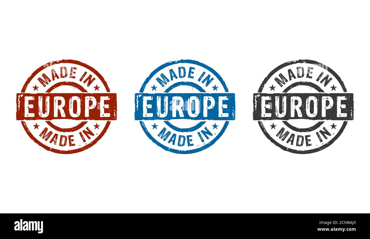 Made in Europe, EU, European Union stamp icons in few color versions. Factory, manufacturing and