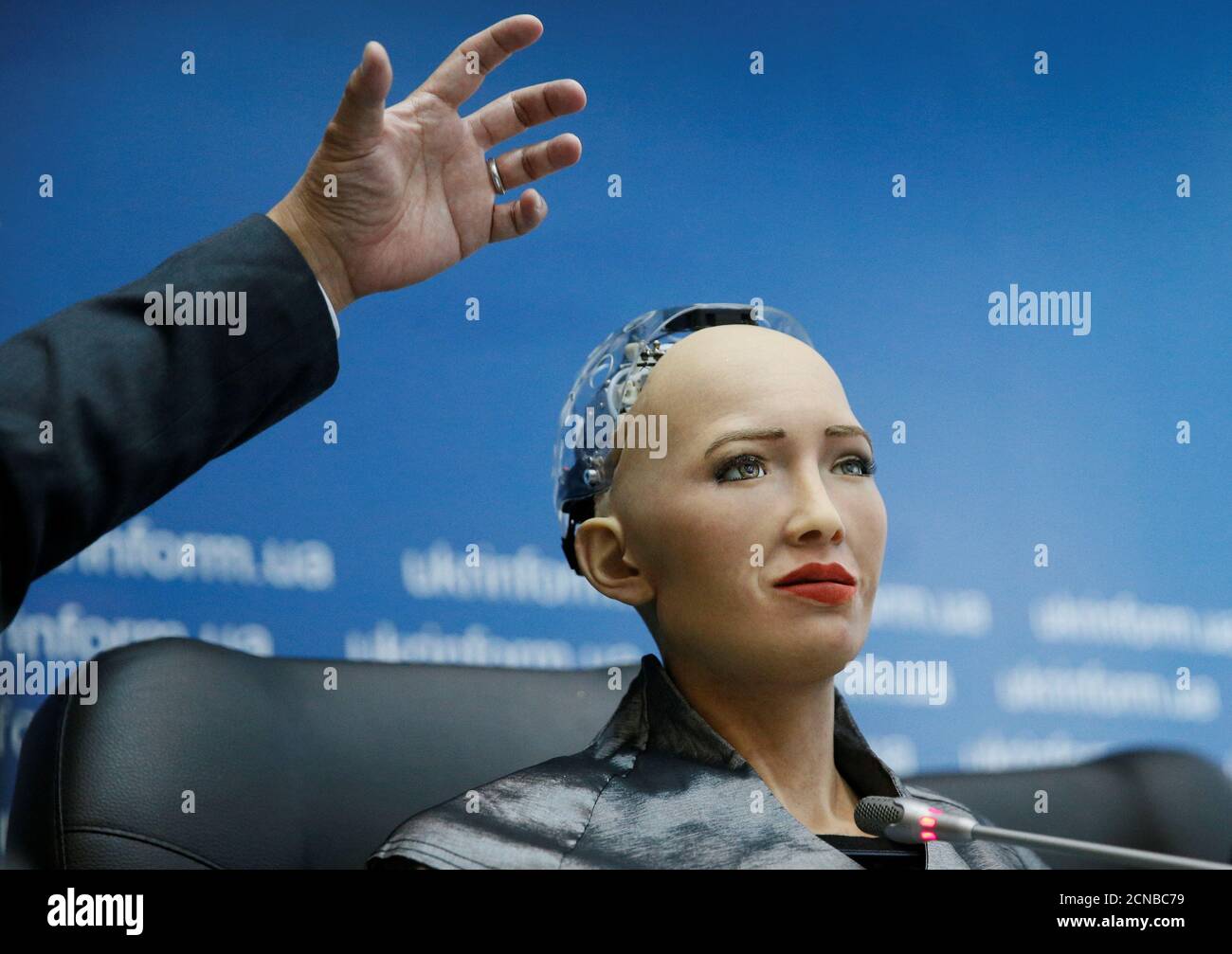 Social humanoid robot Sophia, a latest creation by Hanson Robotics company,  attends a news conference after