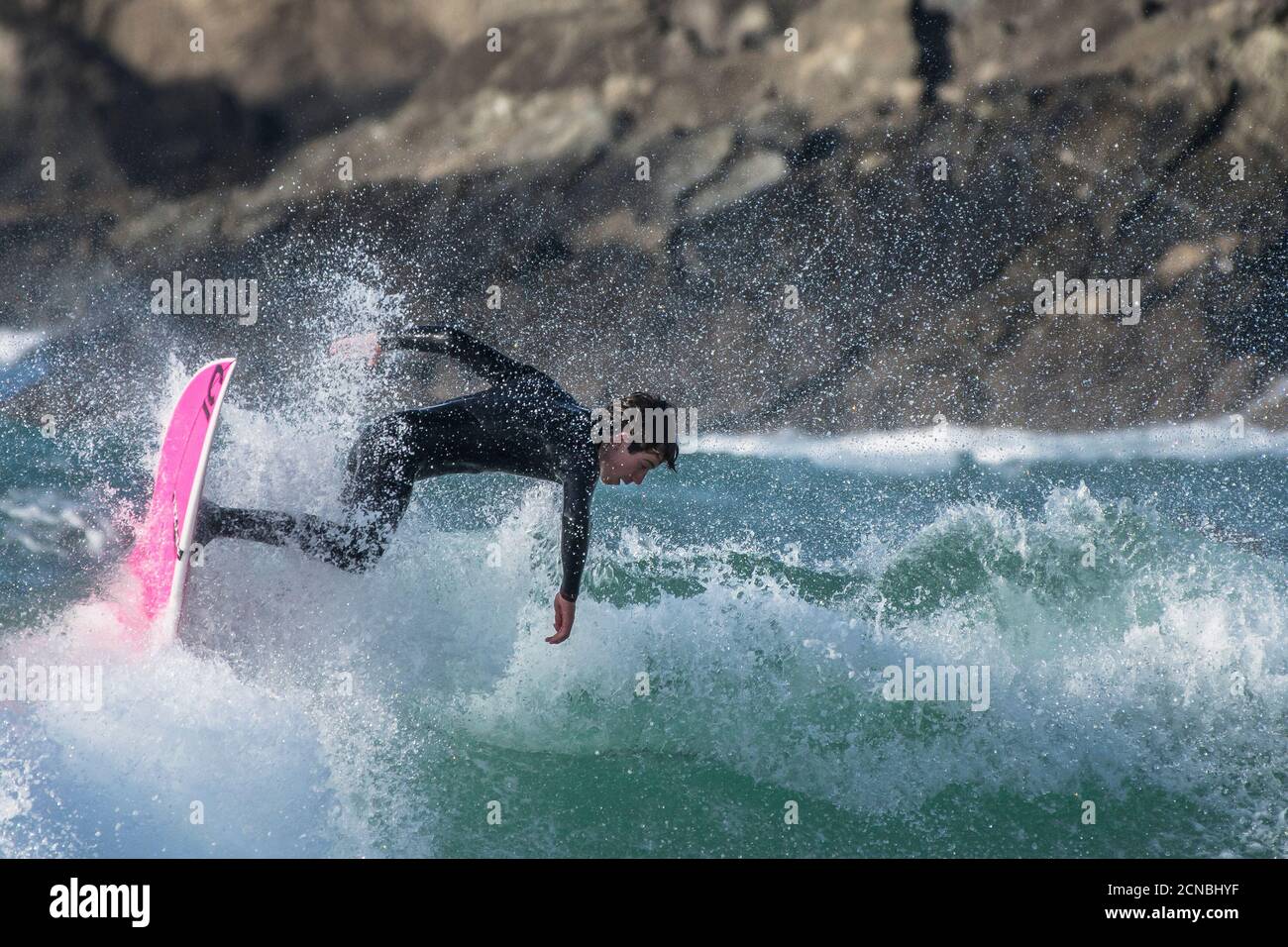 Spectacular surfing action at Fistral in Newquay in Cornwall. Stock Photo