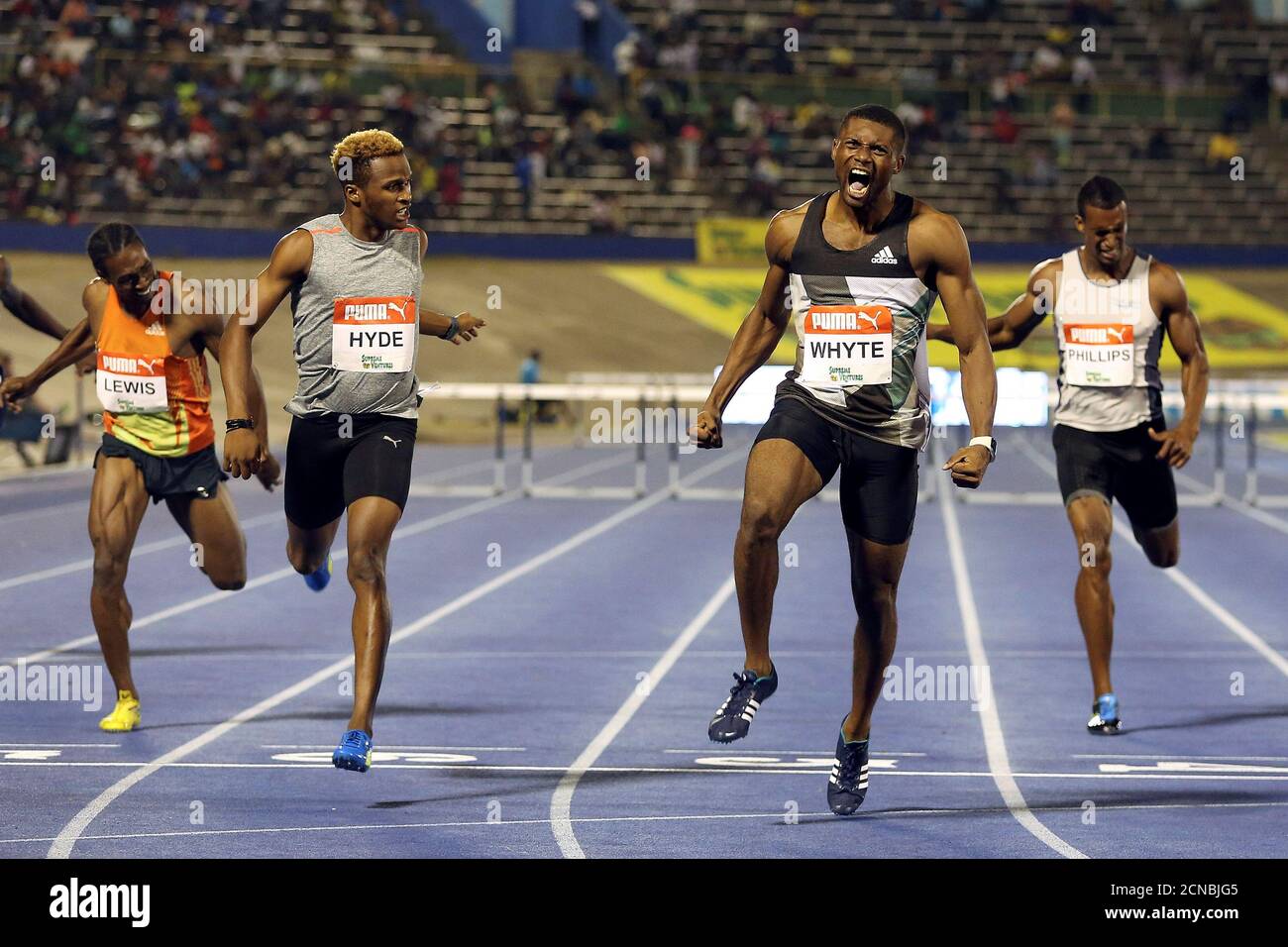 Athletics - Jamaica National Trials - Kingston - 01/07/16 (L-R) Romel  Lewis, Jaheel Hyde, winner Annsert Whyte and Isa Phillips in action during  men's 400m hurdles final race. REUTERS/Gilbert Bellamy Stock Photo - Alamy