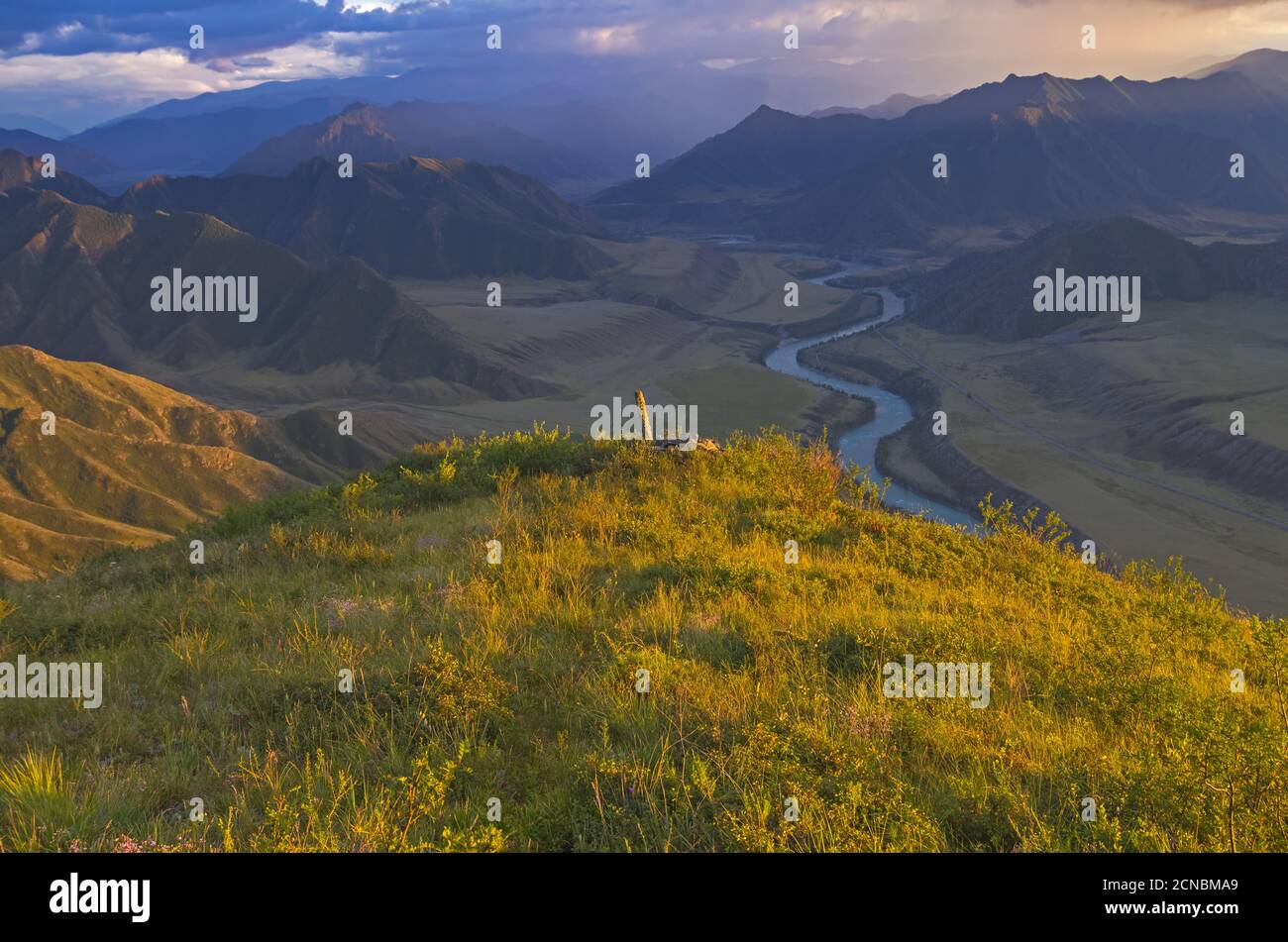Pole on top of the mountain. Katun River valley, Altai, Russia. Stock Photo