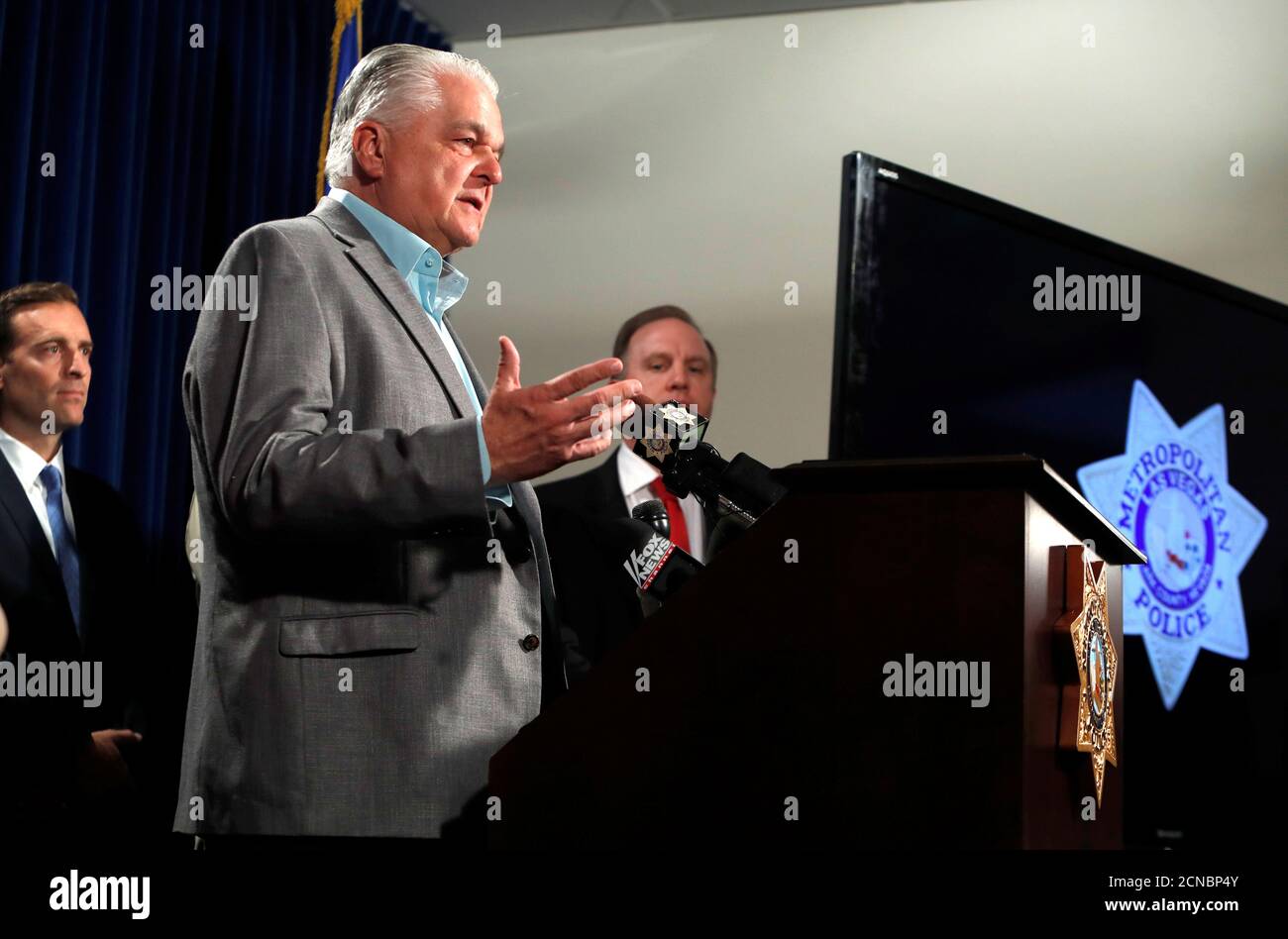Clark County Commission Chairman Steve Sisolak reports on donations to a victims fund, including a $3 million donation from MGM Resorts International, during a media briefing at the Las Vegas Metro Police headquarters in Las Vegas, Nevada, U.S. October 3, 2017.  REUTERS/Las Vegas Sun/Steve Marcus Stock Photo