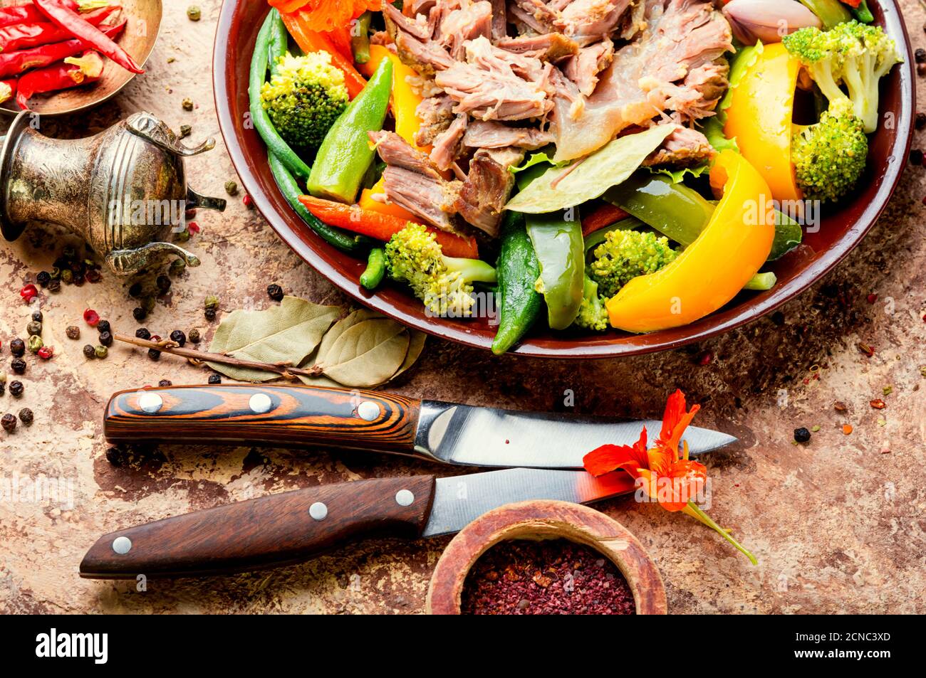 Beef stew with seasonal vegetables.Beef meat baked with vegetables