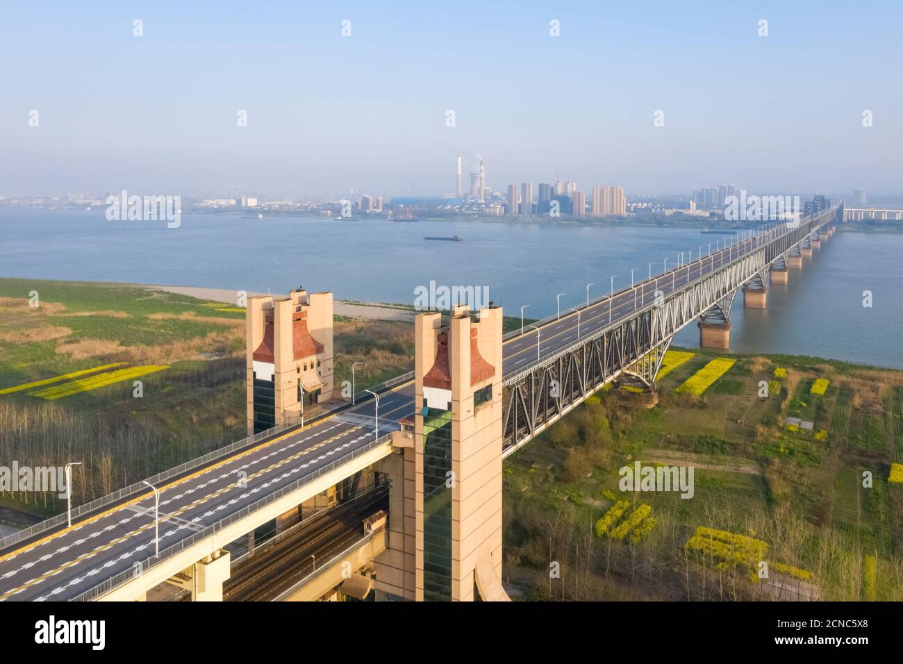 aerial view of the jiujiang yangtze river bridge in spring Stock Photo