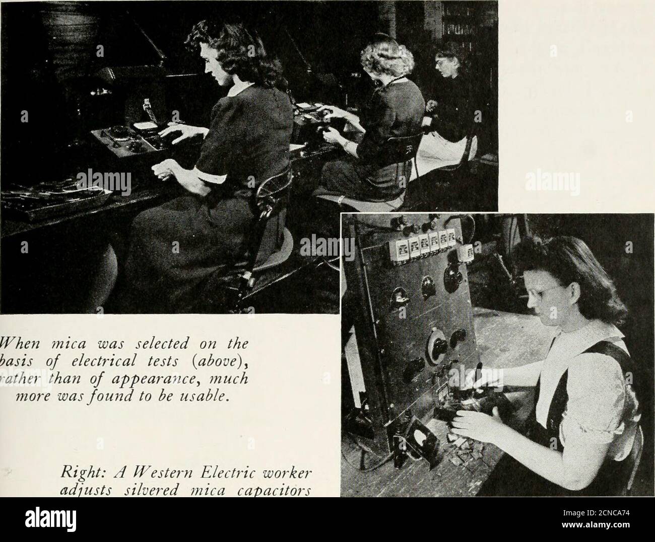 . Bell telephone magazine . 1946 Bell Laboratories Role in Victory 121. When mica was selected on the basis of electrical tests {above) ^ rather than of appearance^ much more was found to be usable. Right: A Western Electric workeradjusts silvered mica capacitors Stock Photo