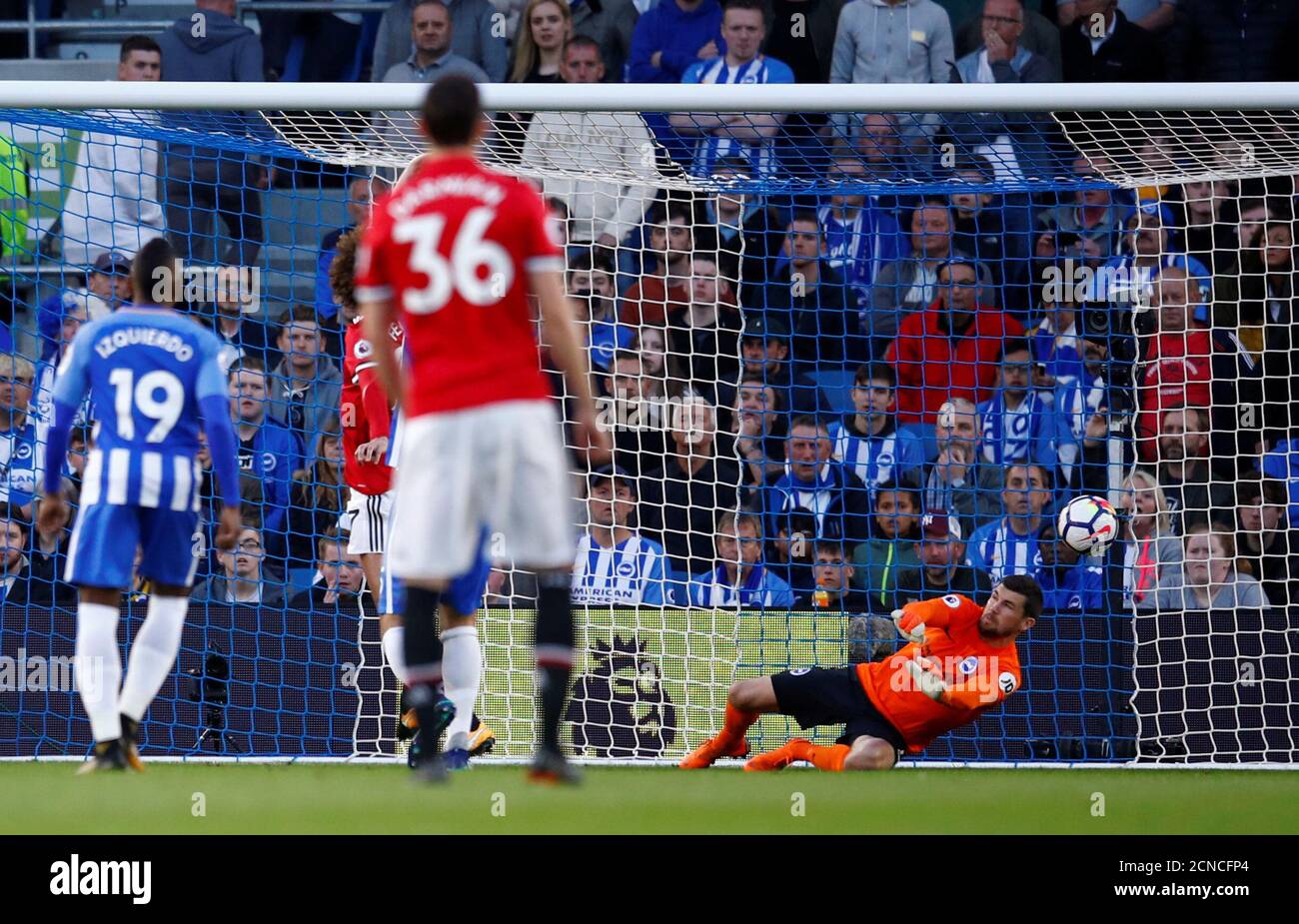 Soccer Football - Premier League - Brighton & Hove Albion v Manchester United - The American Express Community Stadium, Brighton, Britain - May 4, 2018   Manchester United's Marouane Fellaini scores a goal which is later disallowed   REUTERS/Eddie Keogh    EDITORIAL USE ONLY. No use with unauthorized audio, video, data, fixture lists, club/league logos or 'live' services. Online in-match use limited to 75 images, no video emulation. No use in betting, games or single club/league/player publications.  Please contact your account representative for further details. Stock Photo