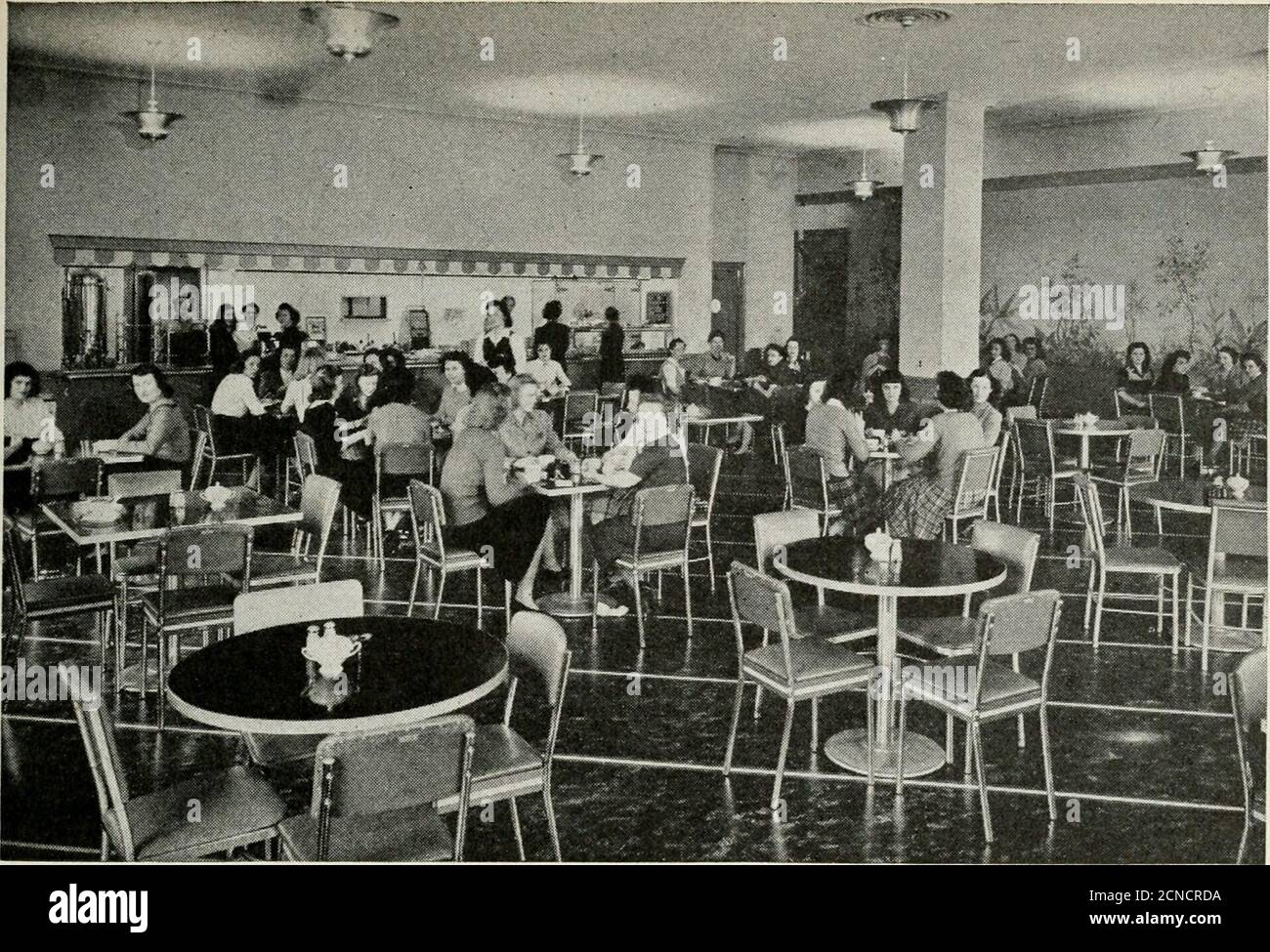 Bell telephone magazine . The large cafeteria above is notable for its gay  color scheme, attractive counter, and unusual wall treatment. The nooks  formed by benches placed back to back in