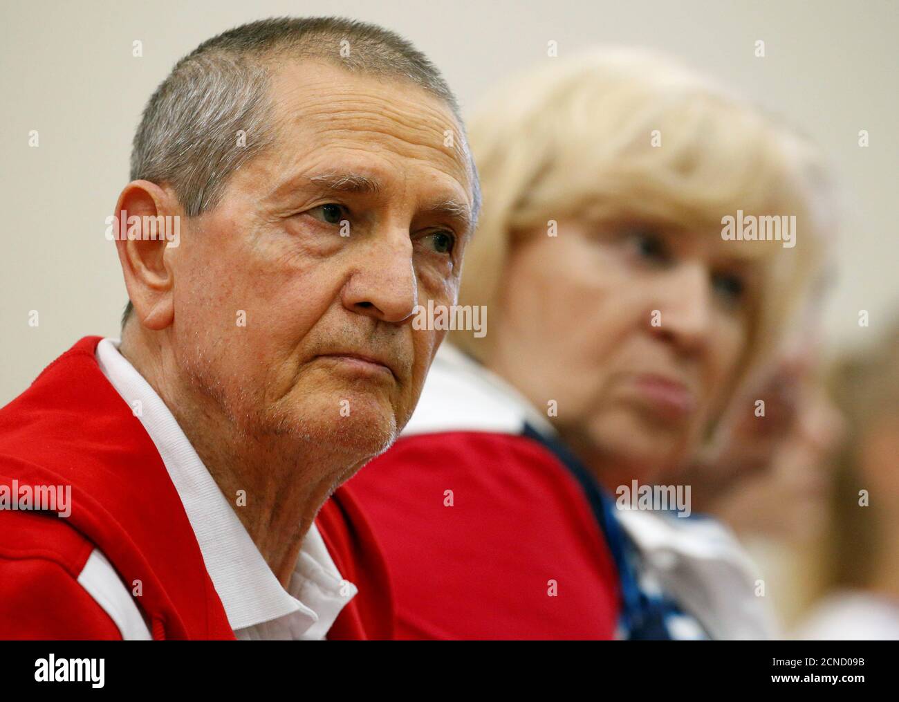 Head coach of gymnastics Russian Olympic team Andrei Rodionenko and team's  coach Valentina Rodionenko attend a news conference following a training  session at the Ozero Krugloe (Round Lake) training centre outside Moscow,