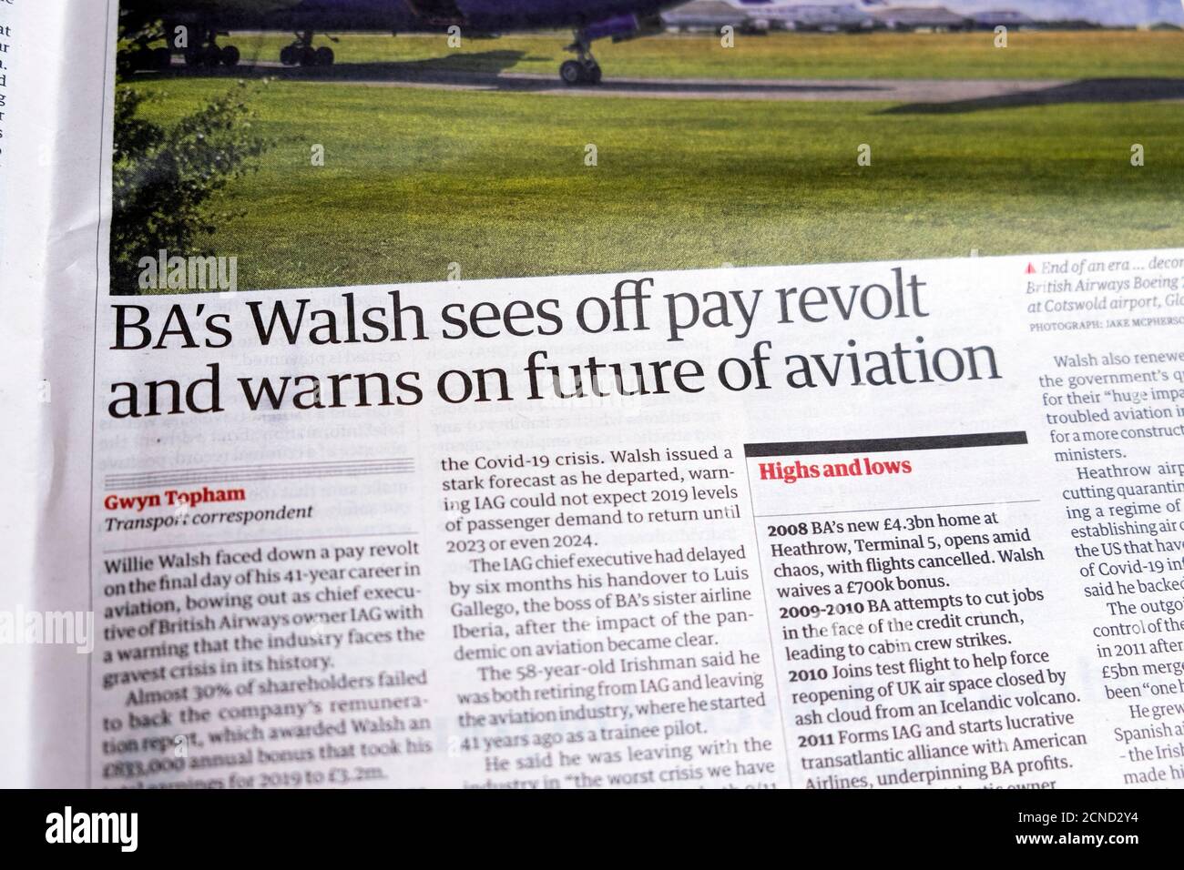'BA's Walsh sees off pay revolt and warns on future of aviation' Guardian newspaper headline inside page article 9 September 2020 London UK Stock Photo