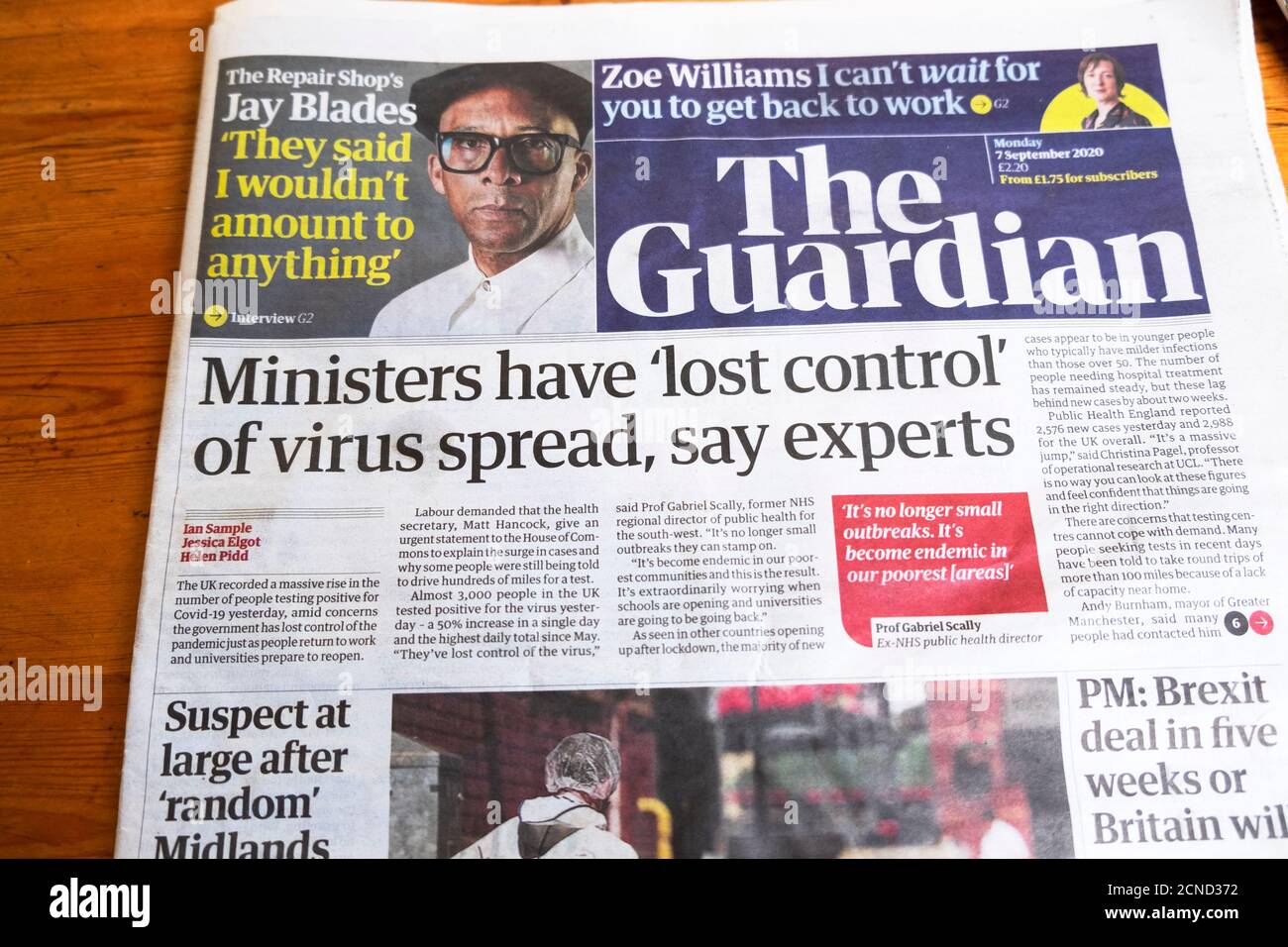 'Ministers have 'lost control' of virus spread, say experts' front page Guardian newspaper headline 7 September 2020 London England UK Stock Photo