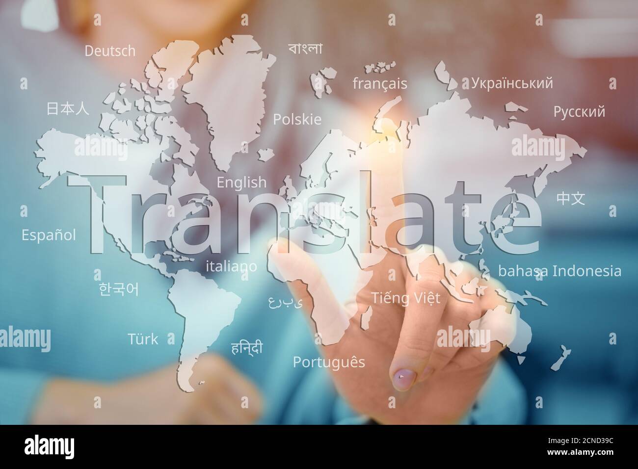 Concept of translation from different languages on an abstract world map. Stock Photo