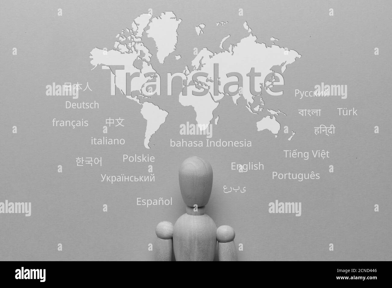 translate from different languages on an abstract world map. Stock Photo