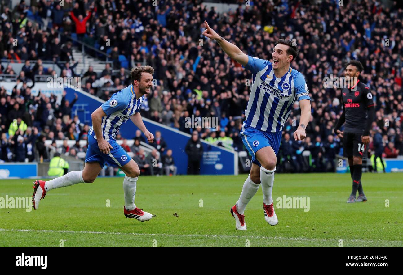 Soccer Football - Premier League - Brighton & Hove Albion vs Arsenal - The American Express Community Stadium, Brighton, Britain - March 4, 2018   Brighton's Lewis Dunk celebrates scoring their first goal    REUTERS/Eddie Keogh    EDITORIAL USE ONLY. No use with unauthorized audio, video, data, fixture lists, club/league logos or 'live' services. Online in-match use limited to 75 images, no video emulation. No use in betting, games or single club/league/player publications.  Please contact your account representative for further details. Stock Photo