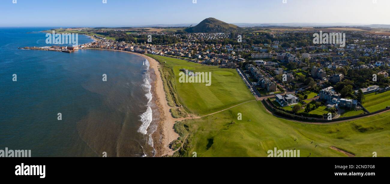 Aerial panoramic view of the West Links and town centre, North Berwick, East Lothian, Scotland. Stock Photo