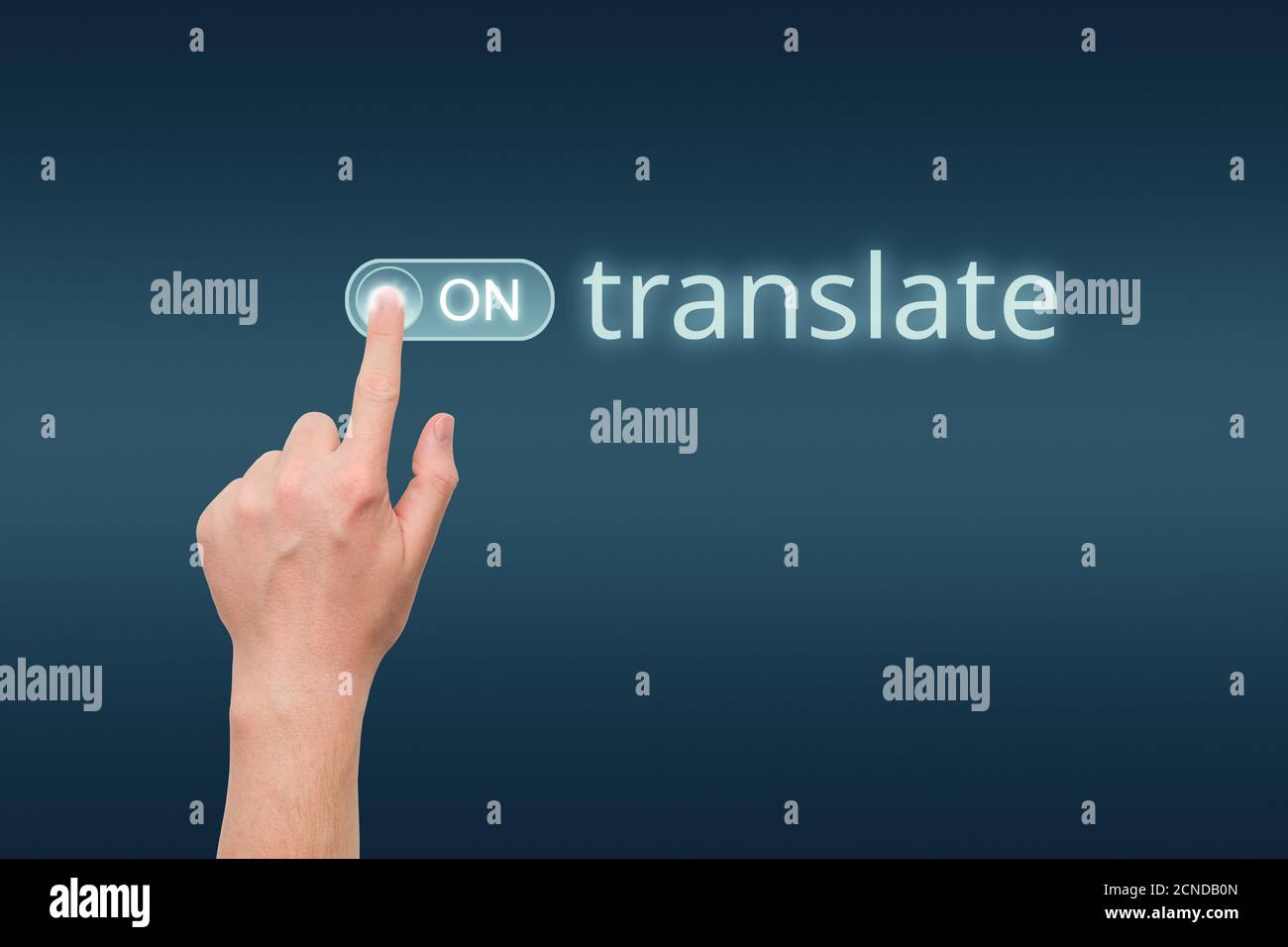 Translator startup concept with hand turn on. Stock Photo