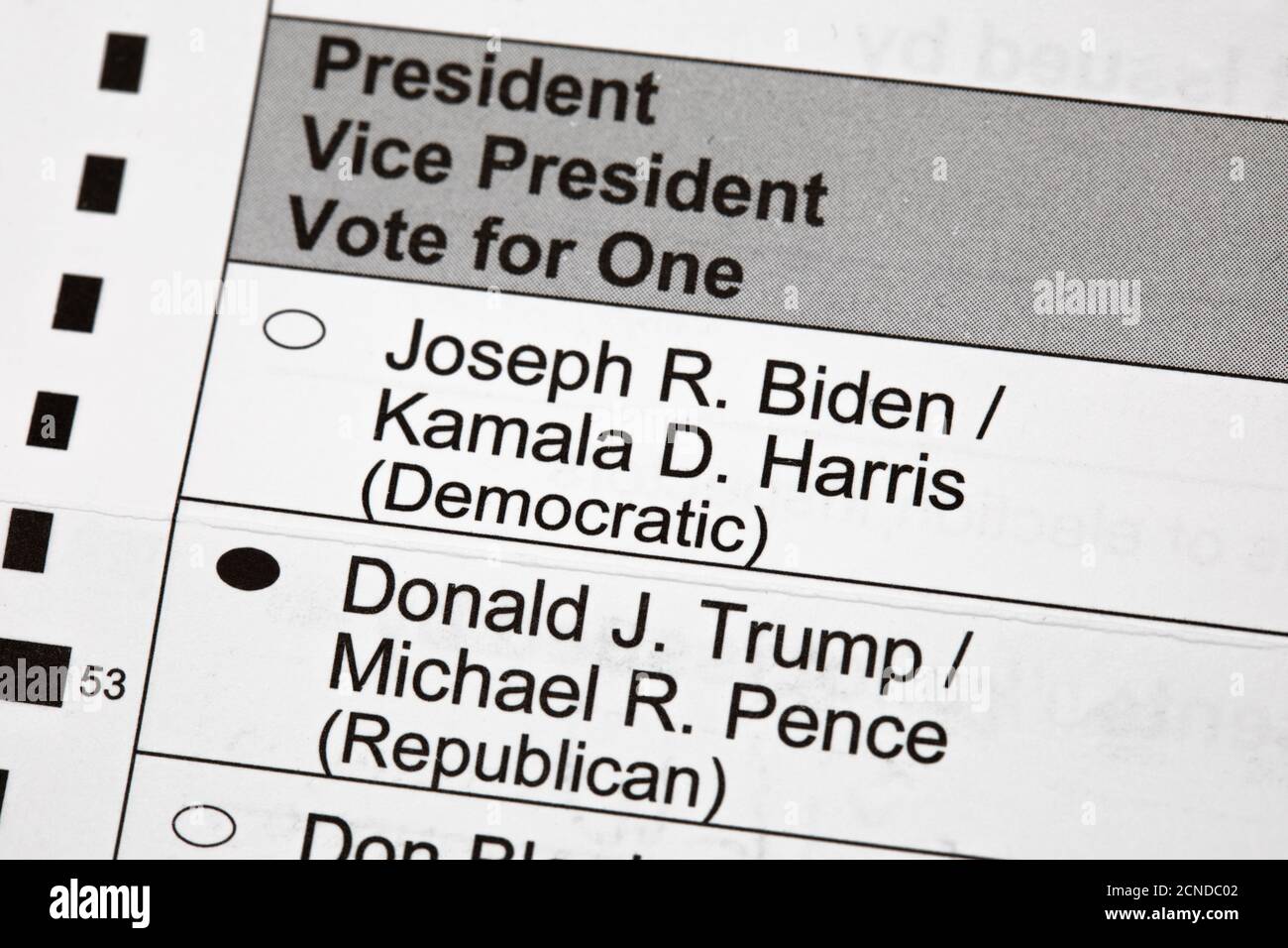 Madison, Wisconsin, USA - September 17, 2020: A 2020 presidential election voting ballot marked to vote for Donald J. Trump for President up close. Stock Photo