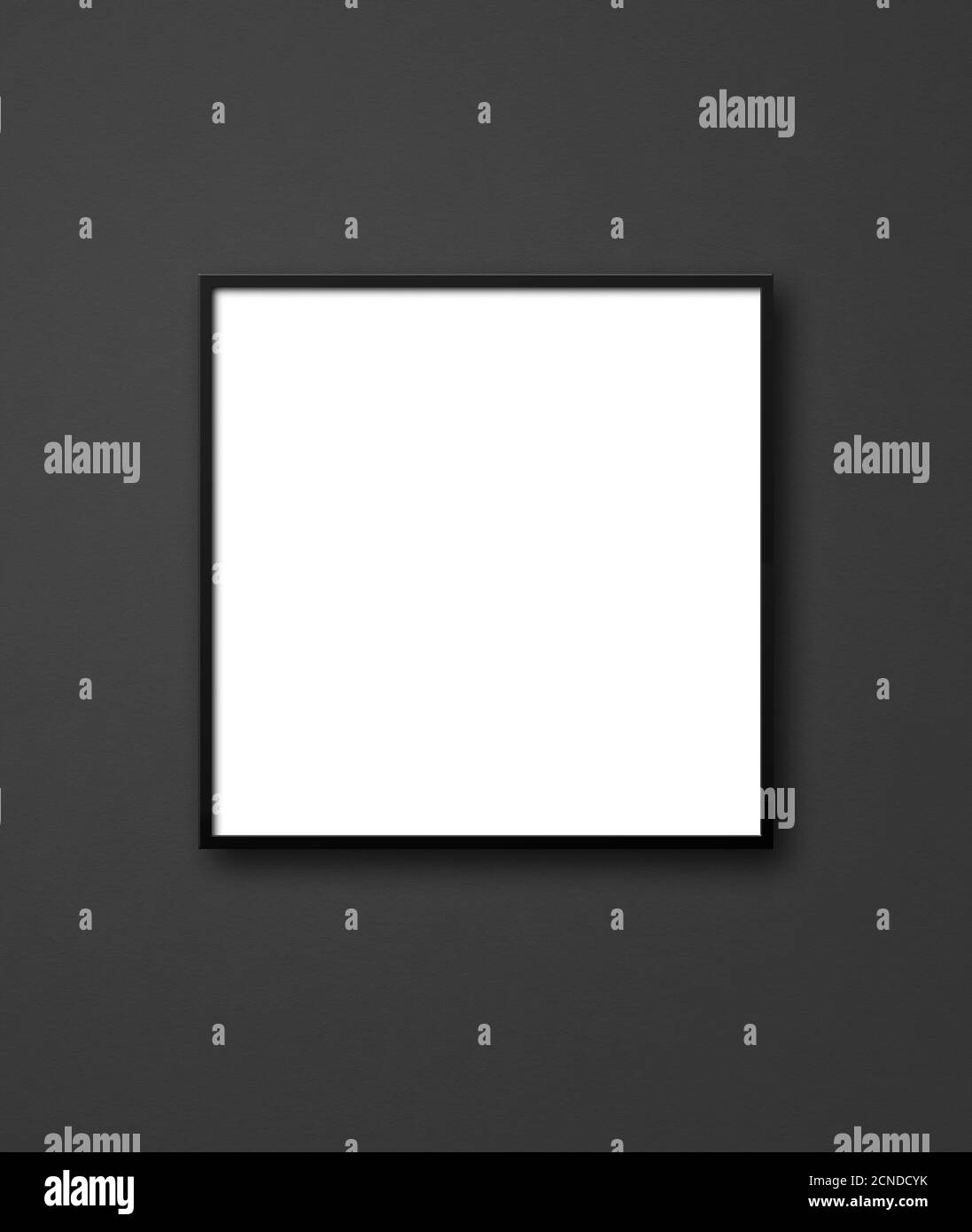 Blank square picture frame hanging on a black wall. Presentation mockup ...