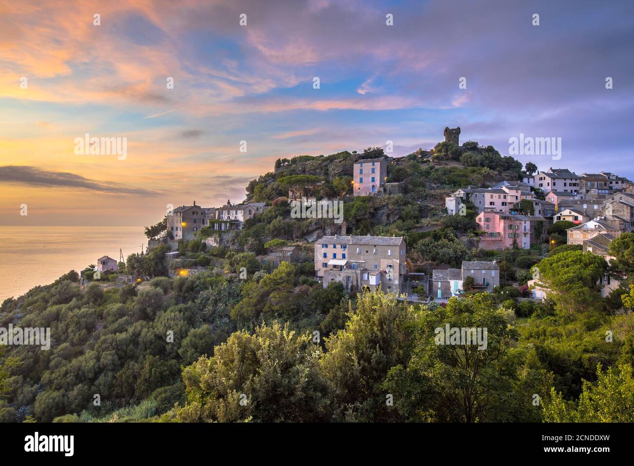 Mountain Village of Nonza with view over the mediteranean sea on Cap corse, Corsica, France Stock Photo