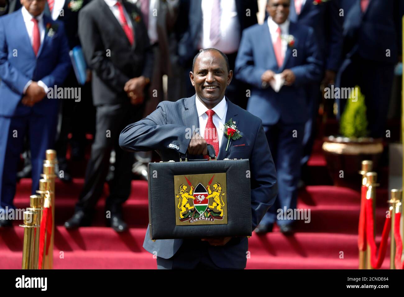 Kenya's Finance Minister Ukur Yatani holds up a briefcase containing the Government Budget for the 2020/21 fiscal year in Nairobi, Kenya, June 11, 2020. REUTERS/Baz Ratner REFILE - CORRECTING FISCAL PERIOD Stock Photo