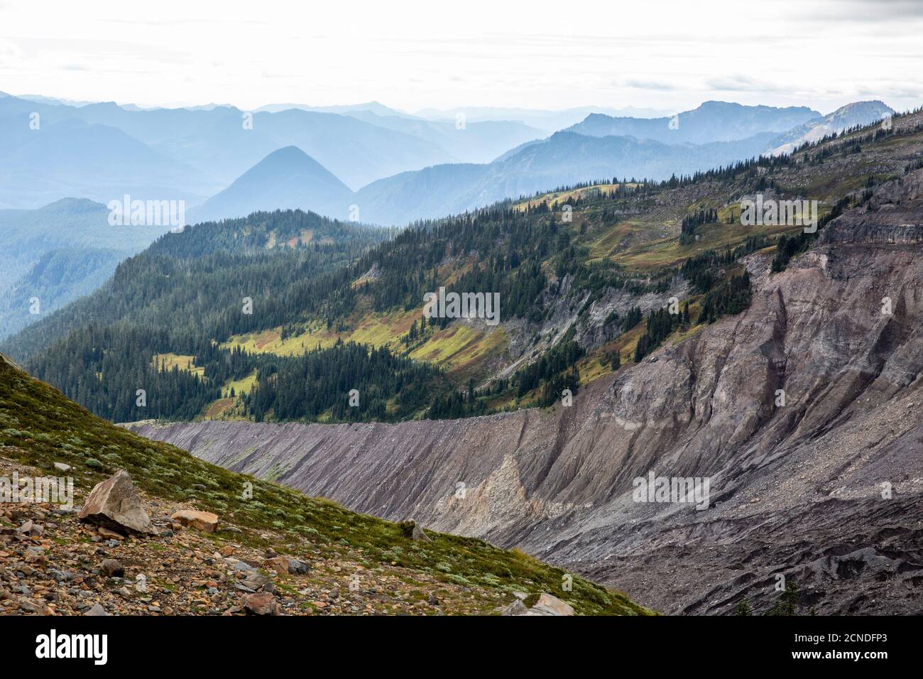 Views of the Nisqually Glacier retreat from the Skyline Trail, Mount Rainier National Park, Washington State, United States of America Stock Photo