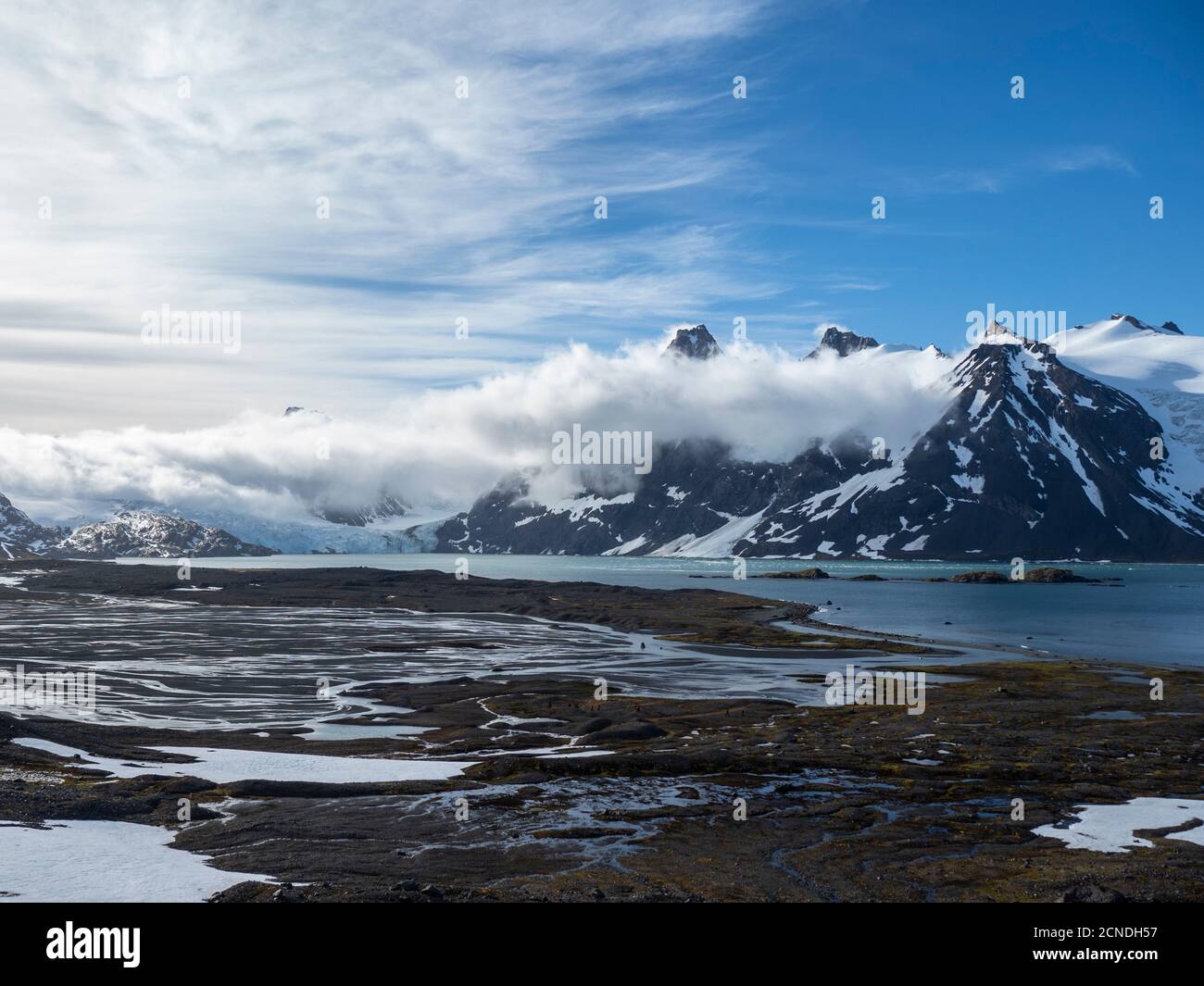 Snow-covered mountains and glaciers in King Haakon Bay, South Georgia, Polar Regions Stock Photo