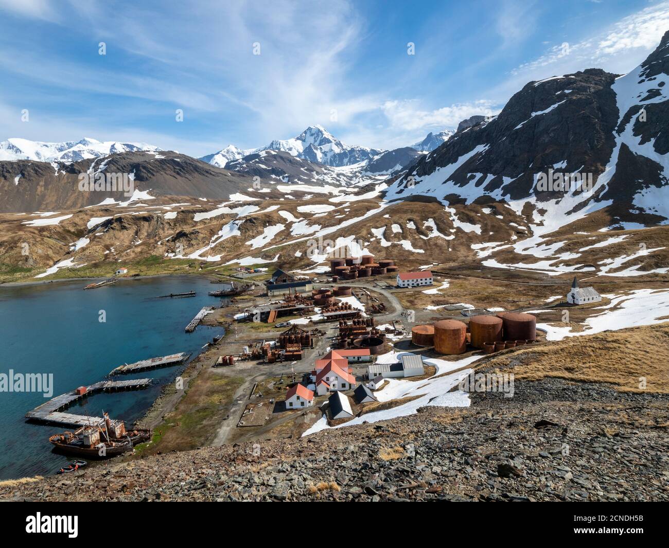 View of the abandoned Norwegian whaling station at Grytviken, in East Cumberland Bay, South Georgia, Polar Regions Stock Photo