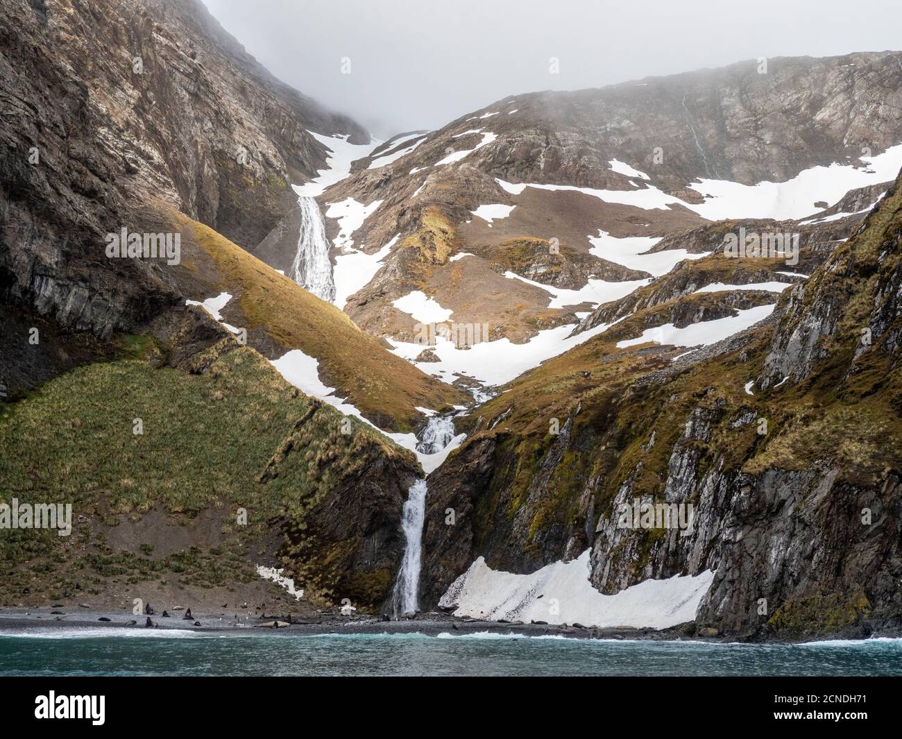 Glacier and meltwater waterfall in Hercules Bay, South Georgia, Polar Regions Stock Photo
