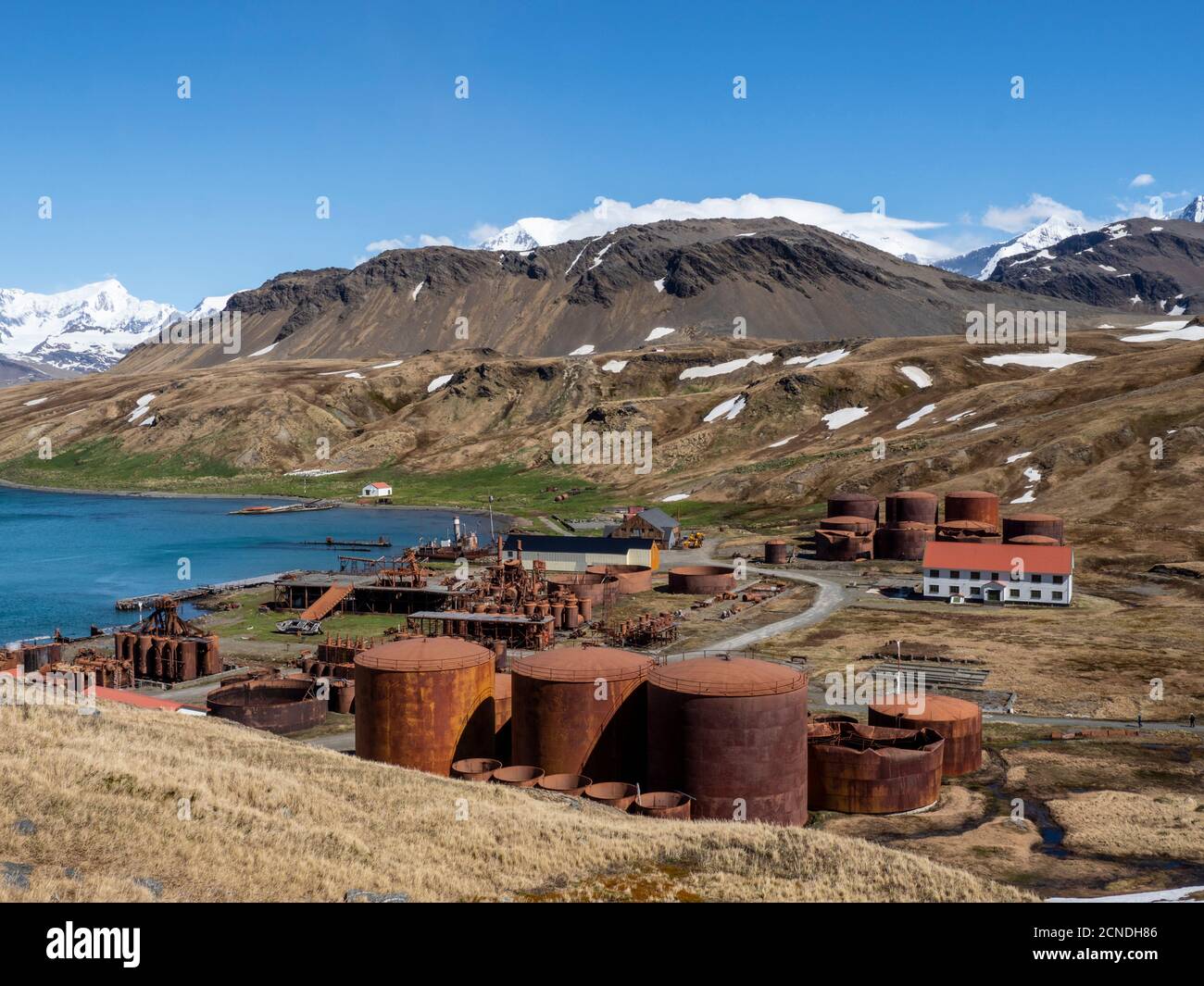 Rusting machinery at the abandoned Norwegian whaling station at Grytviken, East Cumberland Bay, South Georgia, Polar Regions Stock Photo
