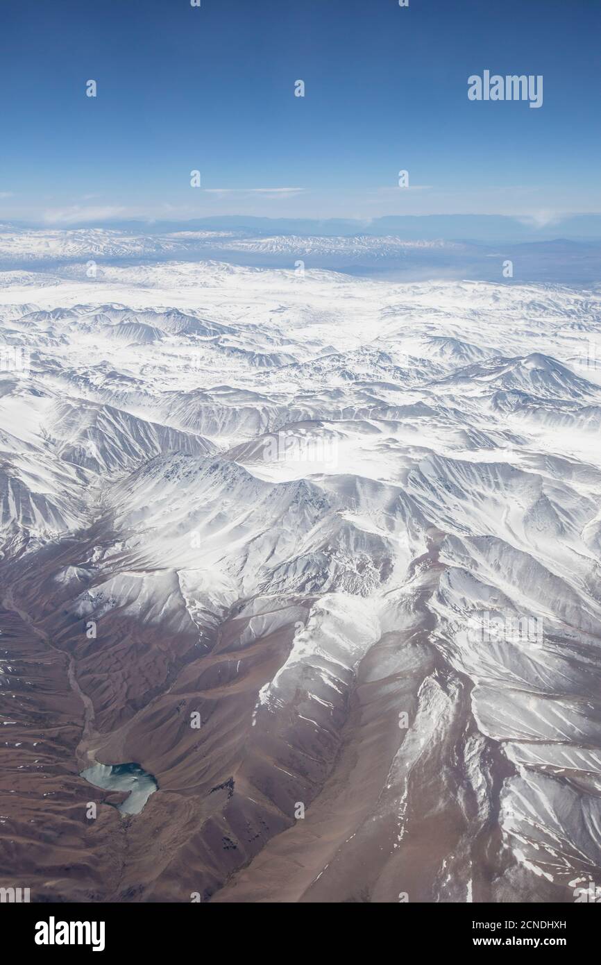 Aerial view of the snowcapped Andes Mountain Range, Chile Stock Photo