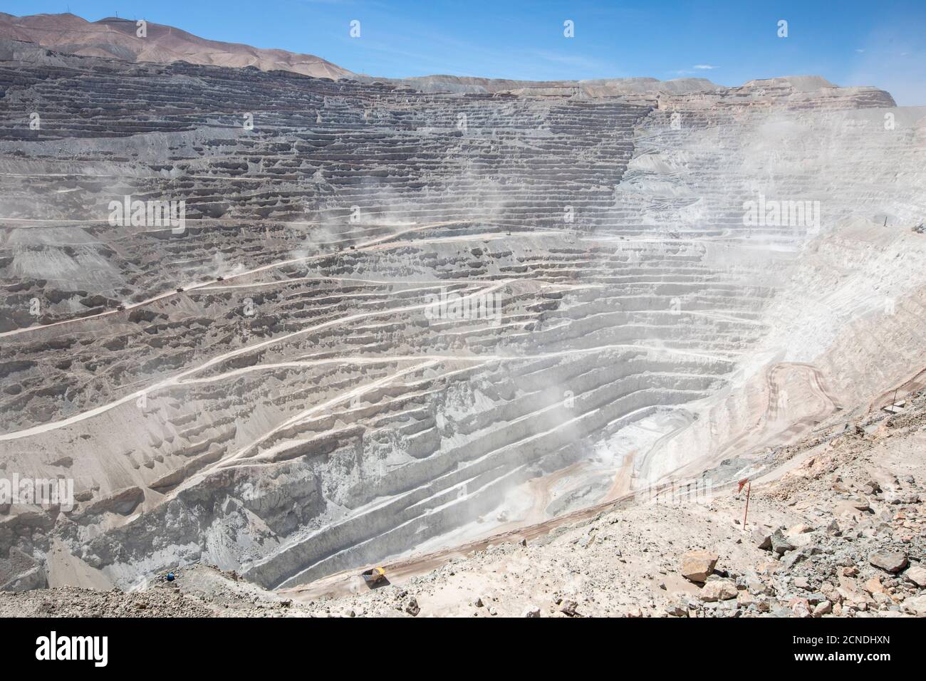 Huge machinery working the Chuquicamata open pit copper mine, the largest by volume in the world, Chile Stock Photo