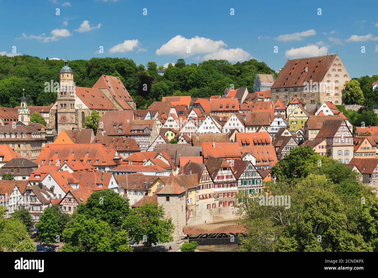 Old town with Sankt Michael church, Schwaebisch Hall, Hohenlohe, Baden-Wurttemberg, Germany, Europe Stock Photo