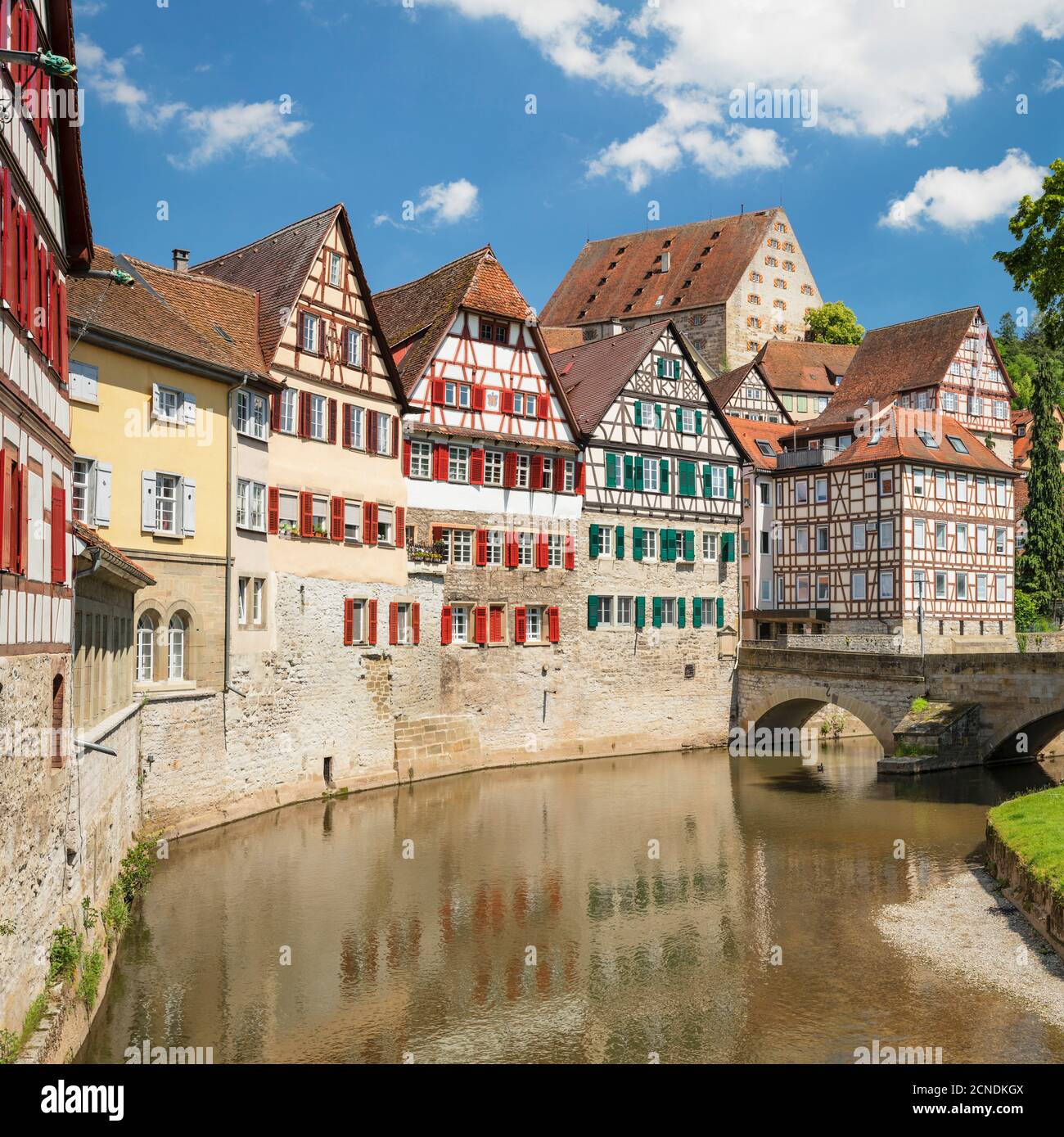 Half timbered houses in the old town, Schwaebisch Hall, Hohenlohe, Baden-Wurttemberg, Germany, Europe Stock Photo