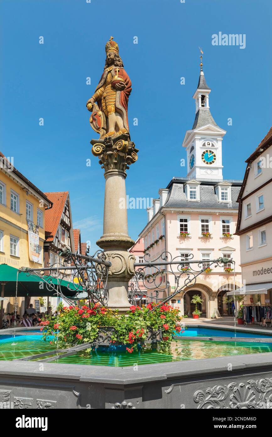 Old town hall and fountain at market place, Aalen, Swabian Jura, Baden-Wurttemberg, Germany, Europe Stock Photo