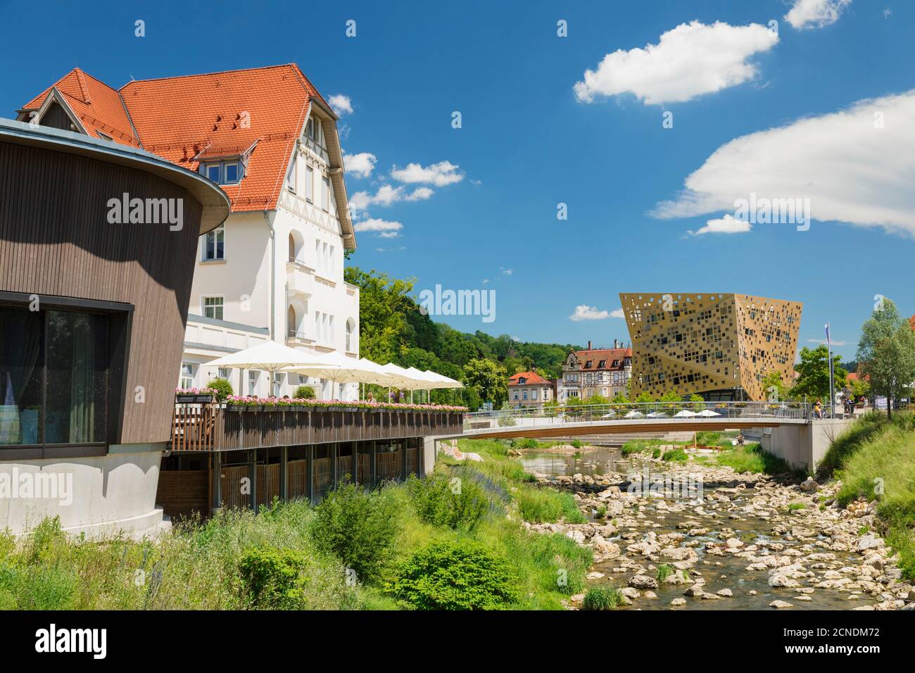 View from Villa Hirzel along Rems river to Gold und Silber event location, Schwaebisch-Gmund, Baden-Wurttemberg, Germany, Europe Stock Photo