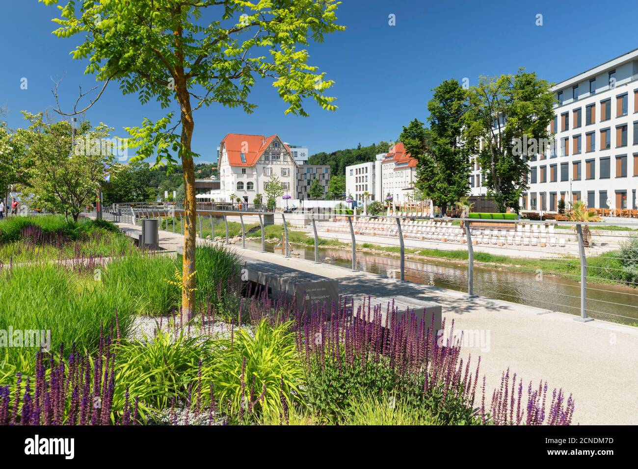 Promenade at Rems river, view to Villa Hirzel, Schwaebisch-Gmund, Baden-Wurttemberg, Germany, Europe Stock Photo