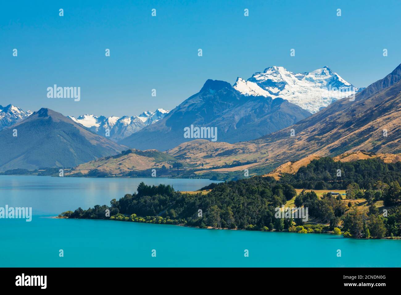 Lake Wakatipu and snowcapped Mount Earnslaw, Queenstown, Otago, South Island, New Zealand, Pacific Stock Photo