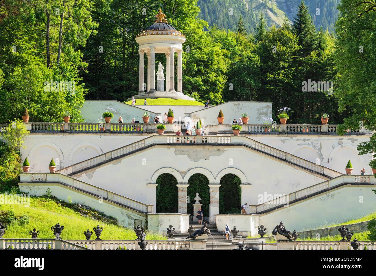 Stairs to Venus Temple, Linderhof Palace, Werdenfelser Land, Bavarian Alps, Upper Bavaria, Germany, Europe Stock Photo