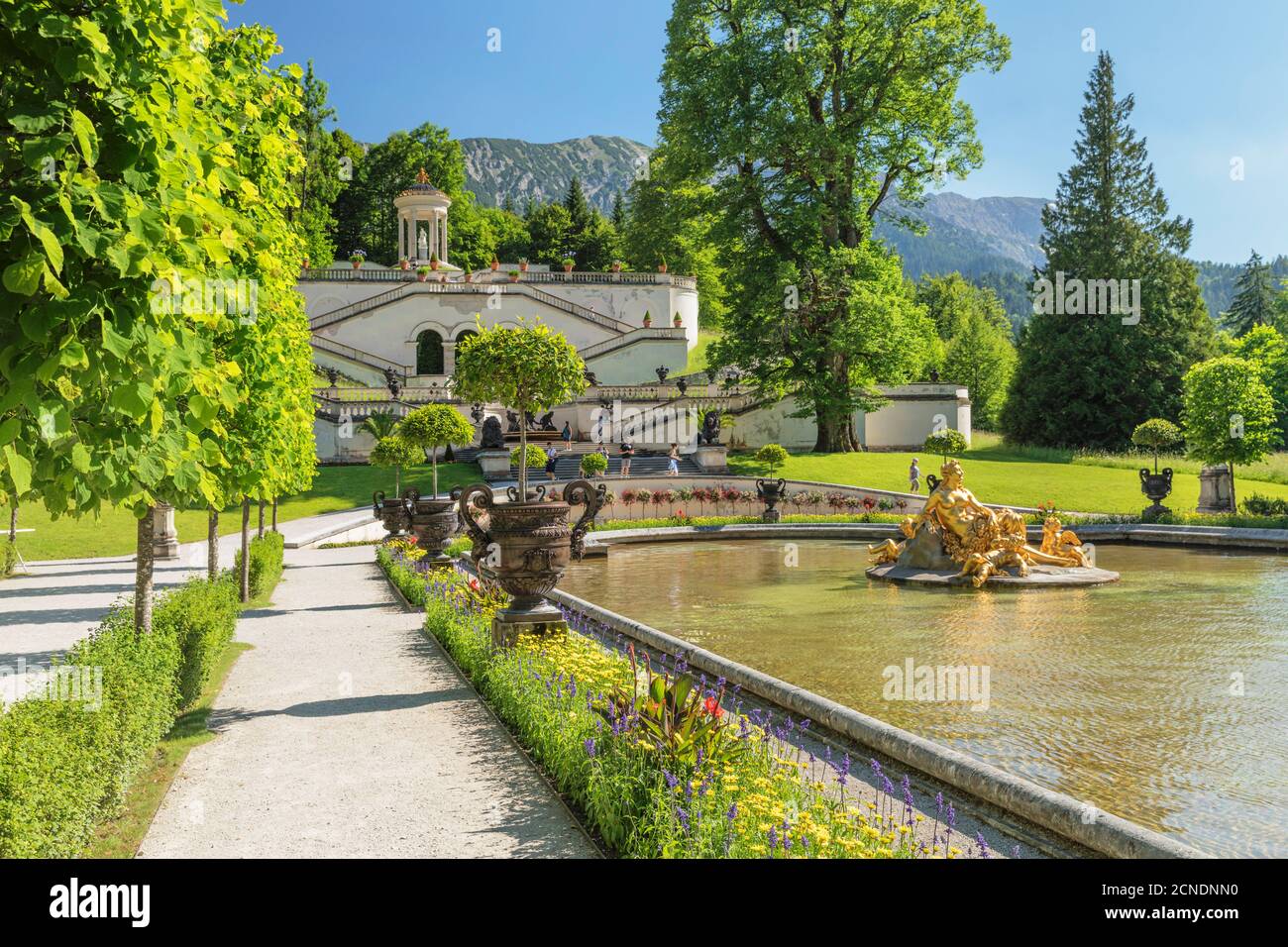 Water Parterre and stairs to Venus Temple, Linderhof Palace, Werdenfelser Land, Bavarian Alps, Upper Bavaria, Germany, Europe Stock Photo