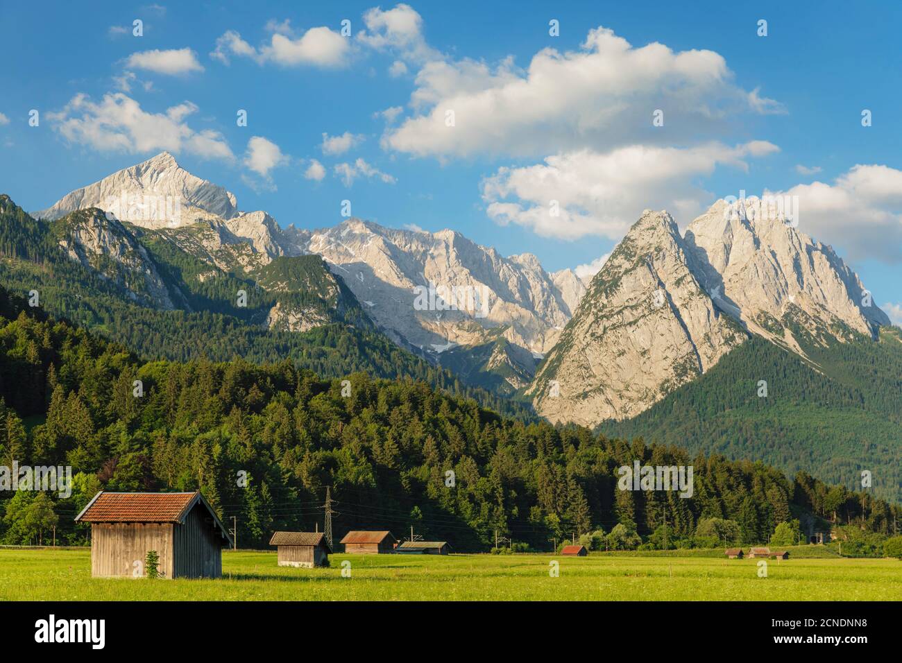 Hammersbach Hay barns at Hammersbach Footpath against Wetterstein Mountain Range ...
