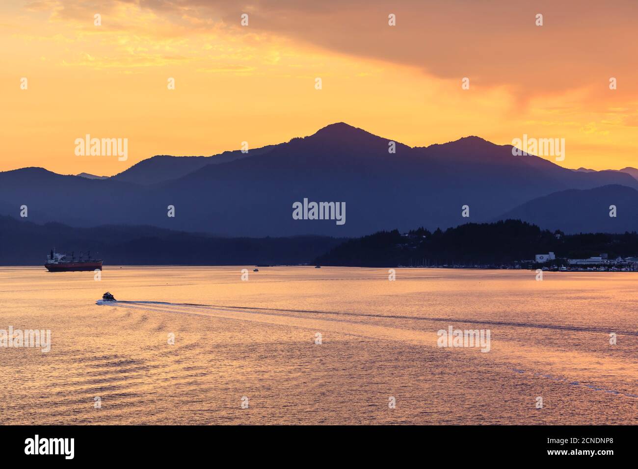 Sunrise over Prince Rupert, from the sea, Kaien Island, Inside Passage, North West British Columbia, Canada Stock Photo