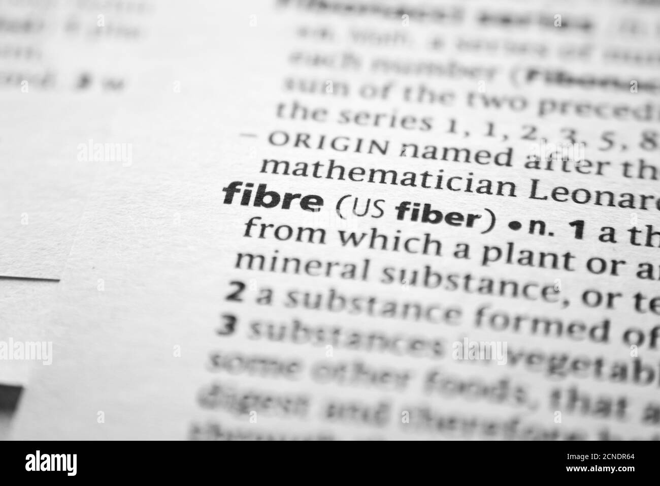 Word or phrase Fibre in a dictionary Stock Photo