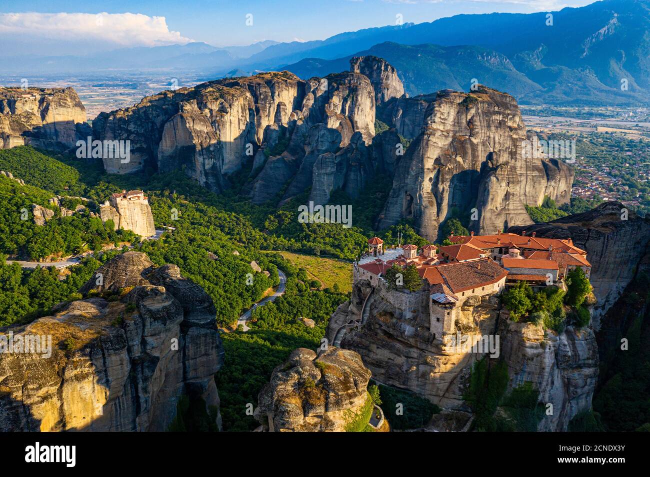 Aerial by drone of the Holy Monastery of Varlaam at sunrise, UNESCO
