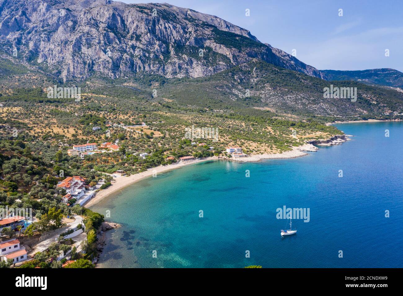 Aerial of Limnionas beach, Samos, Greek Islands, Greece, Europe Stock Photo
