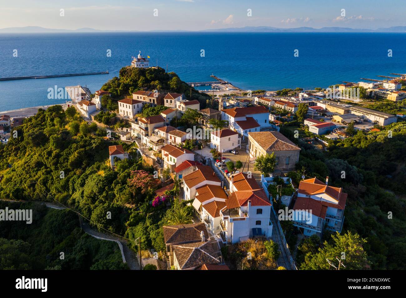 Aerial by drone of Agia Triada church, Paleo Karlovasi, Samos, Greek Islands, Greece, Europe Stock Photo