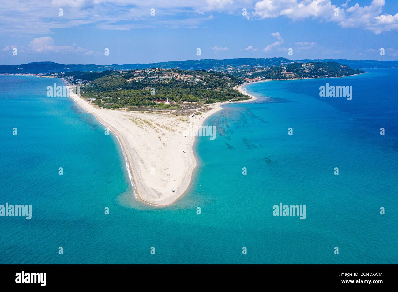Aerial by drone of Possidi beach, Kassandra, Possidi Cape, Chalkidiki, Greece, Europe Stock Photo